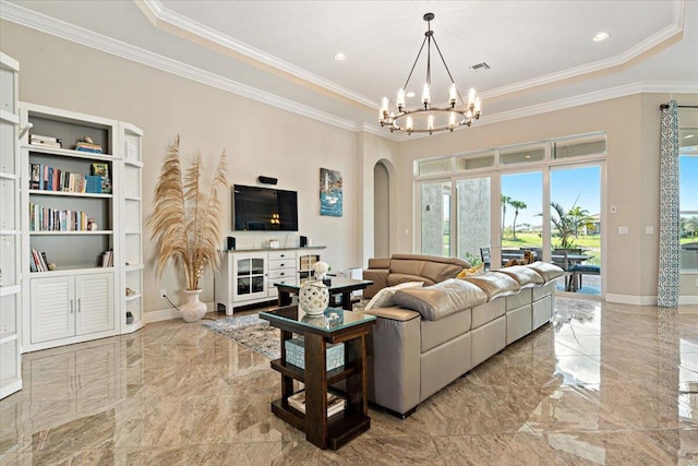 living room with arched walkways, marble finish floor, visible vents, an inviting chandelier, and baseboards