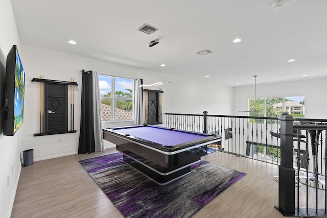 playroom featuring billiards, visible vents, wood finished floors, a textured ceiling, and recessed lighting