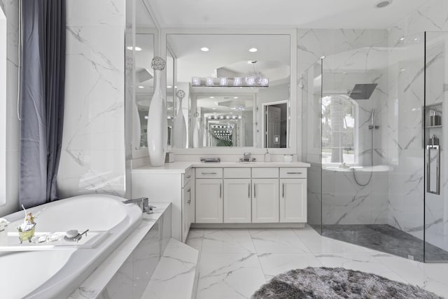 bathroom featuring marble finish floor, stone wall, a marble finish shower, and a bath