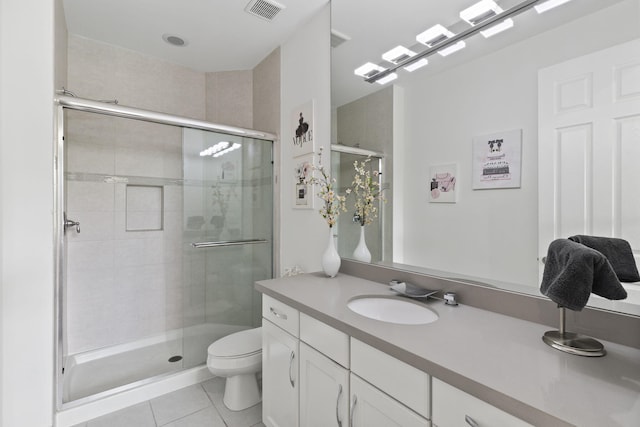 full bath featuring tile patterned flooring, visible vents, a shower stall, and toilet