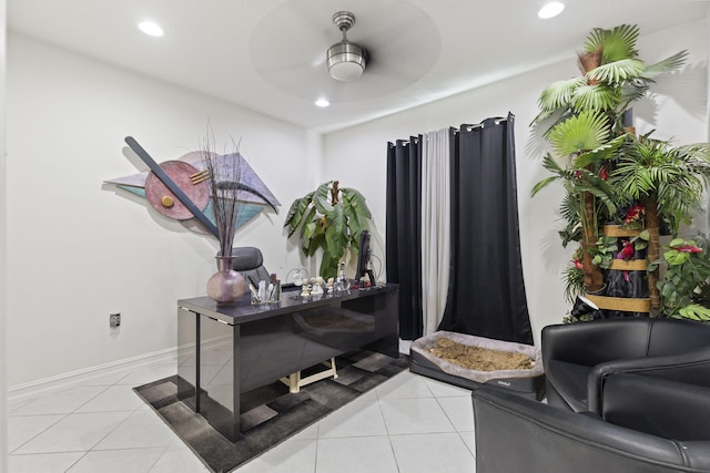 office with ceiling fan, light tile patterned flooring, and recessed lighting