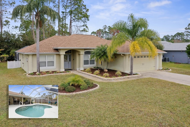 single story home with a garage, concrete driveway, central air condition unit, a front lawn, and stucco siding