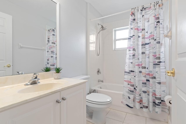 full bath with shower / bath combination with curtain, tile patterned flooring, vanity, and toilet