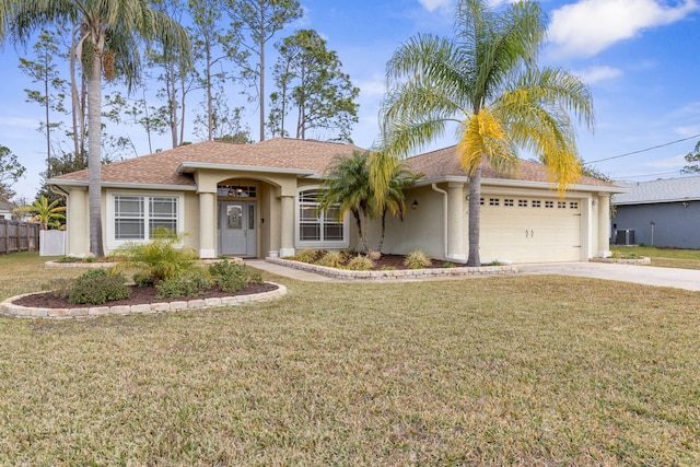 ranch-style home featuring a garage, concrete driveway, a front yard, and stucco siding