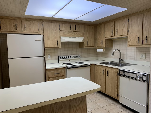 kitchen with light countertops, decorative backsplash, a sink, white appliances, and under cabinet range hood