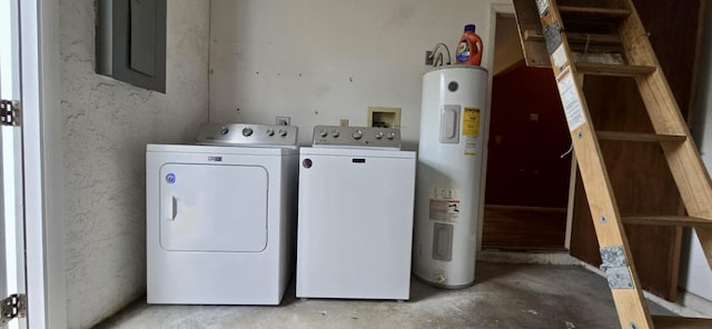 laundry area with water heater, laundry area, separate washer and dryer, and electric panel