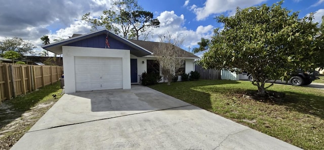 single story home featuring stucco siding, concrete driveway, an attached garage, fence, and a front lawn