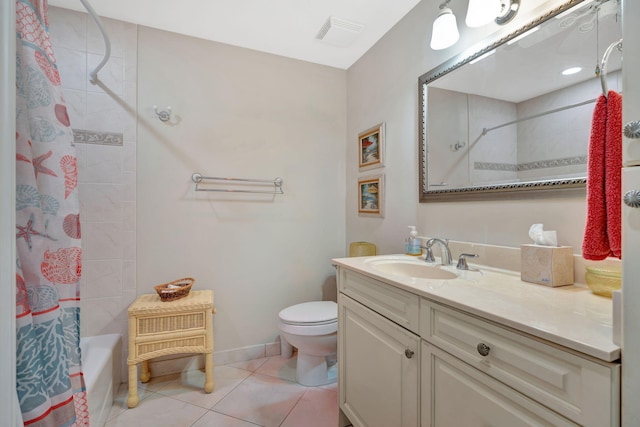 full bath featuring visible vents, toilet, shower / tub combo with curtain, tile patterned floors, and vanity