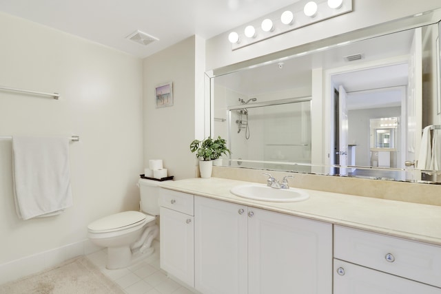 bathroom featuring toilet, a stall shower, tile patterned flooring, and visible vents