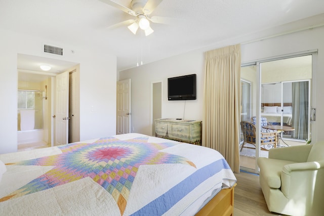 bedroom with ceiling fan, visible vents, and light wood-style floors