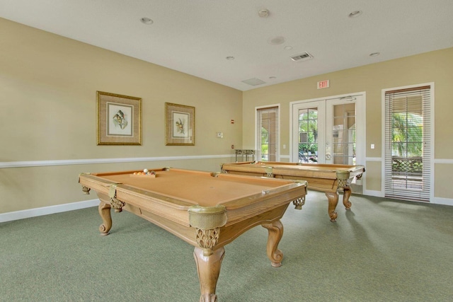 rec room with baseboards, visible vents, carpet flooring, french doors, and recessed lighting