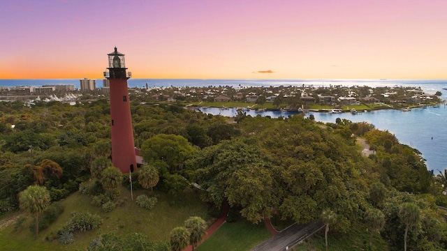 bird's eye view with a water view