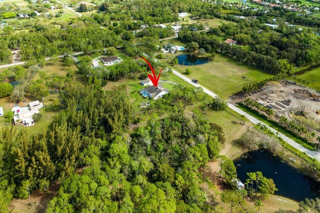 bird's eye view with a water view and a forest view