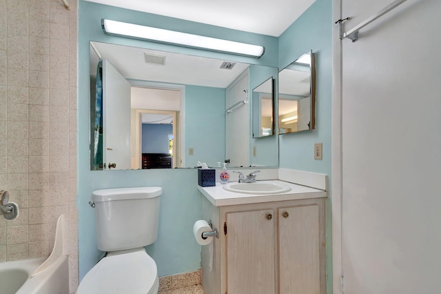 bathroom with shower / bath combination, visible vents, vanity, and toilet