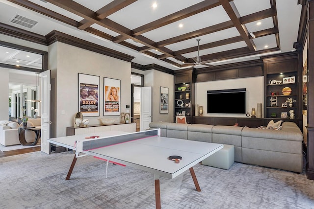 playroom with visible vents, built in shelves, beamed ceiling, coffered ceiling, and a towering ceiling