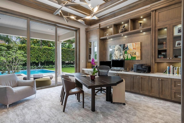 office space featuring light carpet, coffered ceiling, and crown molding