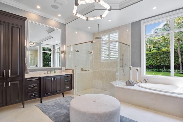 full bathroom with vanity, recessed lighting, a shower stall, crown molding, and a bath