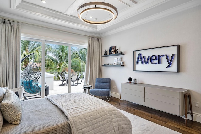 bedroom with access to exterior, wood finished floors, coffered ceiling, and ornamental molding