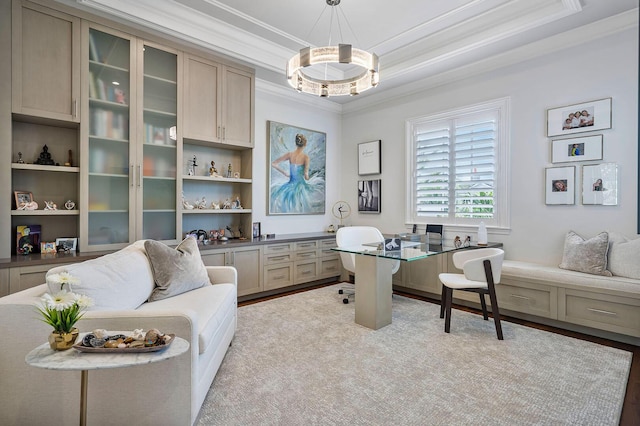 home office featuring wood finished floors and crown molding