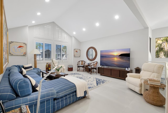 living room featuring lofted ceiling, carpet, and recessed lighting