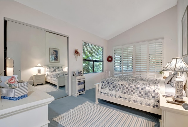 bedroom featuring lofted ceiling, carpet floors, and a closet