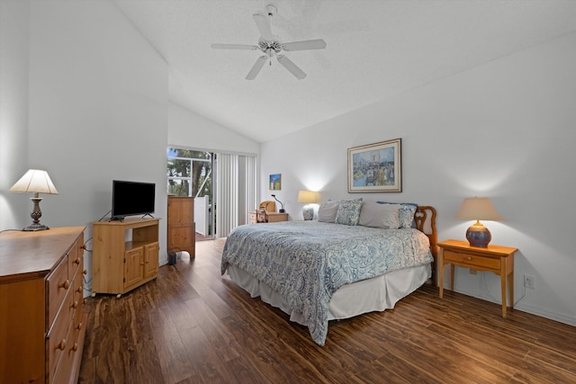 bedroom featuring access to exterior, ceiling fan, vaulted ceiling, and dark wood finished floors