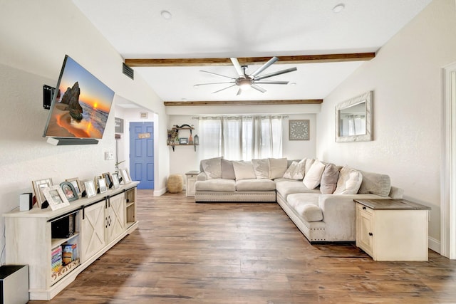 living room with lofted ceiling with beams, wood finished floors, and ceiling fan