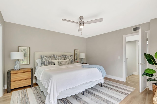 bedroom featuring a ceiling fan, light wood-type flooring, visible vents, and baseboards