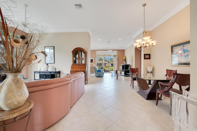 living area with light tile patterned floors, a notable chandelier, recessed lighting, visible vents, and ornamental molding