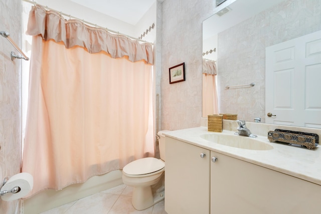 full bathroom featuring visible vents, toilet, tile patterned flooring, shower / bath combination with curtain, and vanity