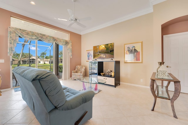 living area with light tile patterned floors, baseboards, crown molding, and recessed lighting