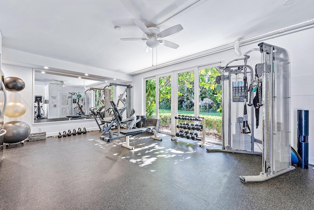 workout area featuring baseboards and a ceiling fan