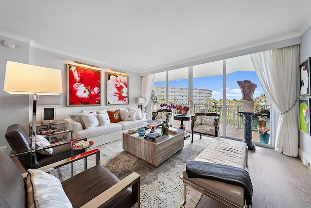 living room with hardwood / wood-style floors, a wall of windows, and crown molding