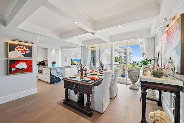 dining room featuring light wood-style flooring, ornamental molding, coffered ceiling, and beamed ceiling