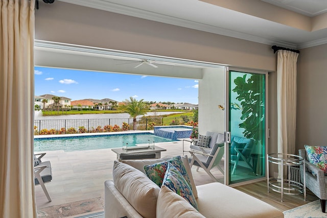 interior space with ornamental molding, wood finished floors, and a residential view