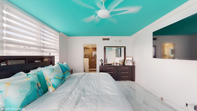 bedroom featuring connected bathroom, marble finish floor, visible vents, and crown molding