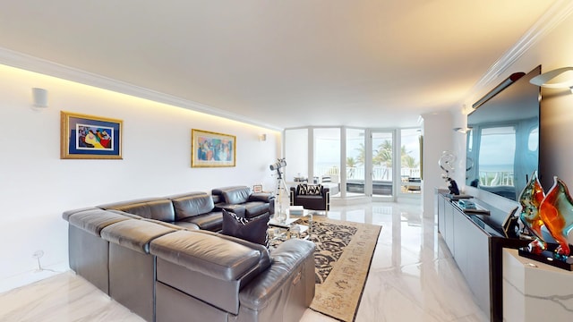 living area featuring marble finish floor, ornamental molding, and a wall of windows