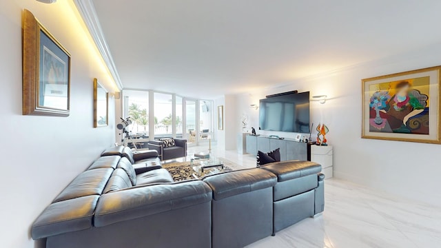 living room featuring marble finish floor, expansive windows, baseboards, and crown molding