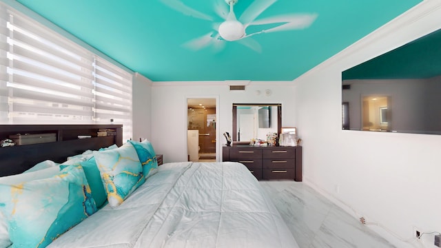 bedroom featuring marble finish floor, visible vents, ensuite bathroom, and ornamental molding