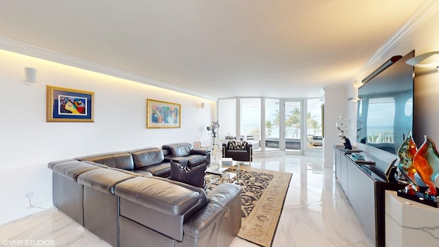 living area with marble finish floor, ornamental molding, a wall of windows, and french doors