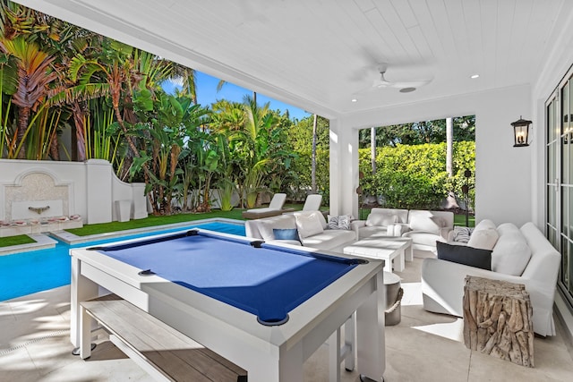 view of patio with a fenced in pool, ceiling fan, a fenced backyard, a jacuzzi, and an outdoor living space