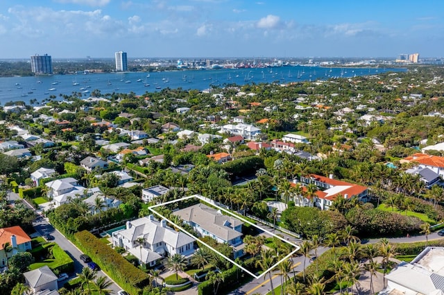 bird's eye view with a water view