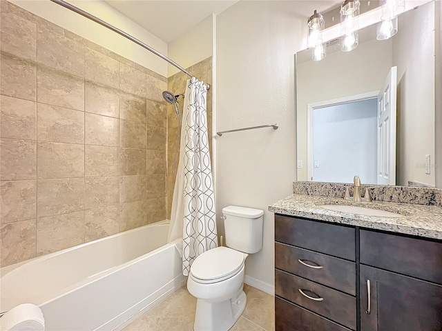 full bath with tile patterned flooring, toilet, vanity, baseboards, and shower / bath combo