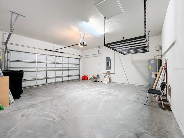 garage featuring a garage door opener, electric panel, and electric water heater