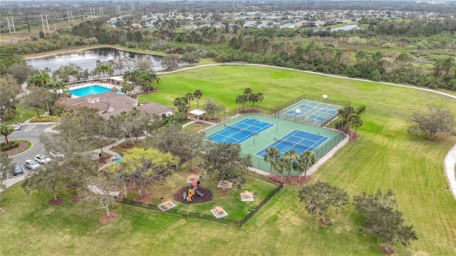 aerial view featuring a water view