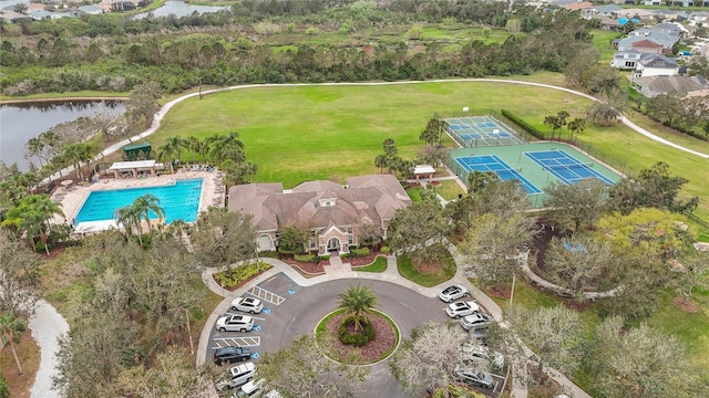 aerial view featuring a water view