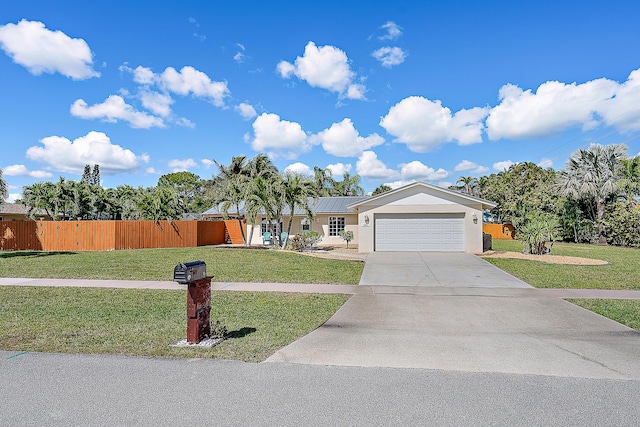 single story home featuring a garage, concrete driveway, fence, a front lawn, and stucco siding