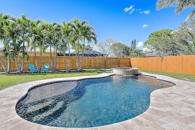 view of pool with a patio area, a fenced backyard, and a pool with connected hot tub