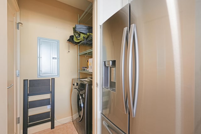 laundry area featuring laundry area, independent washer and dryer, electric panel, and baseboards