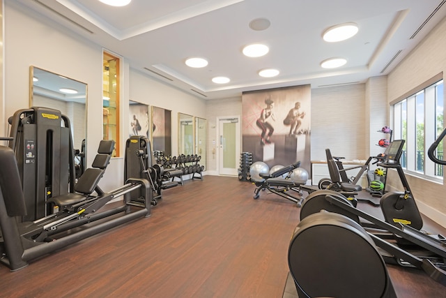 workout area featuring a tray ceiling, wood finished floors, and visible vents